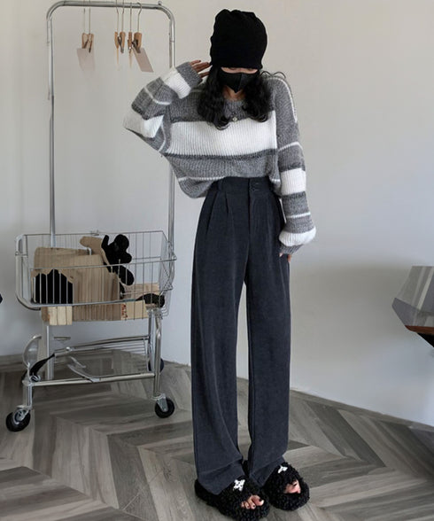 コーデュロイワイドパンツ 裏起毛ノーマル 2タイプ ツ-タック スラックスパンツ レディース ハイウエスト 着やせストレートパンツ 美脚脚長 秋冬ロングパンツ無地 87LAMI-001