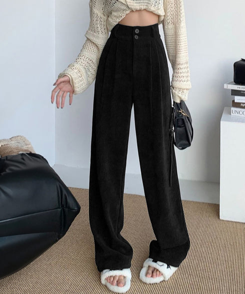 コーデュロイワイドパンツ 裏起毛ノーマル 2タイプ ツ-タック スラックスパンツ レディース ハイウエスト 着やせストレートパンツ 美脚脚長 秋冬ロングパンツ無地 87LAMI-001