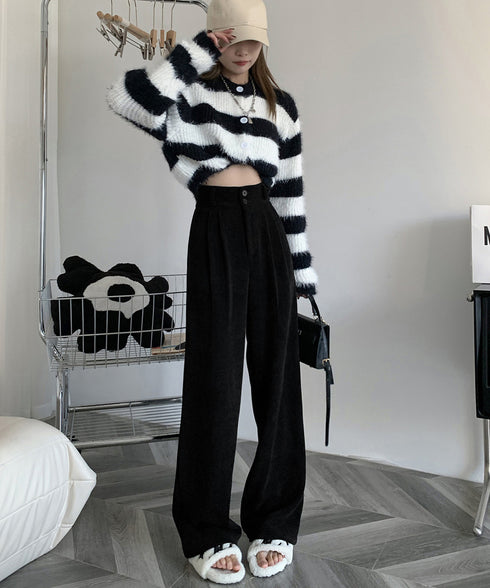 コーデュロイワイドパンツ 裏起毛ノーマル 2タイプ ツ-タック スラックスパンツ レディース ハイウエスト 着やせストレートパンツ 美脚脚長 秋冬ロングパンツ無地 87LAMI-001