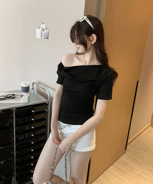 片方オフショルtシャツ レディース 半袖 ワンショルダートップスきれいめ 韓国風 ツイストTシャツ お洒落 シンプルカットソー無地 肩見せトップス フェミニン夏服 87MJQ-001