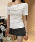 片方オフショルtシャツ レディース 半袖 ワンショルダートップスきれいめ 韓国風 ツイストTシャツ お洒落 シンプルカットソー無地 肩見せトップス フェミニン夏服 87MJQ-001