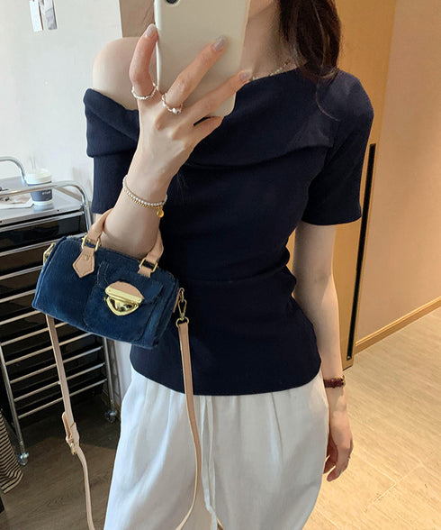 片方オフショルtシャツ レディース 半袖 ワンショルダートップスきれいめ 韓国風 ツイストTシャツ お洒落 シンプルカットソー無地 肩見せトップス フェミニン夏服 87MJQ-001