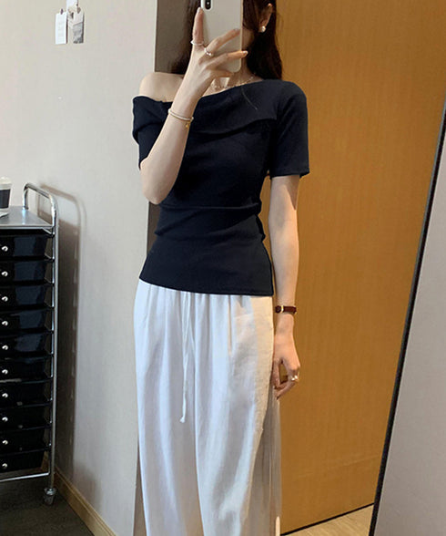 片方オフショルtシャツ レディース 半袖 ワンショルダートップスきれいめ 韓国風 ツイストTシャツ お洒落 シンプルカットソー無地 肩見せトップス フェミニン夏服 87MJQ-001