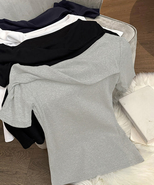 片方オフショルtシャツ レディース 半袖 ワンショルダートップスきれいめ 韓国風 ツイストTシャツ お洒落 シンプルカットソー無地 肩見せトップス フェミニン夏服 87MJQ-001