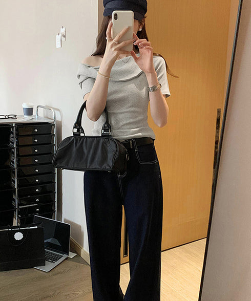 片方オフショルtシャツ レディース 半袖 ワンショルダートップスきれいめ 韓国風 ツイストTシャツ お洒落 シンプルカットソー無地 肩見せトップス フェミニン夏服 87MJQ-001