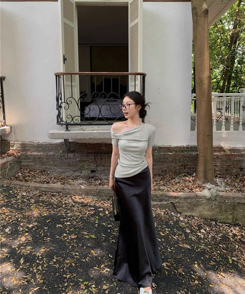 片方オフショルtシャツ レディース 半袖 ワンショルダートップスきれいめ 韓国風 ツイストTシャツ お洒落 シンプルカットソー無地 肩見せトップス フェミニン夏服 87MJQ-001