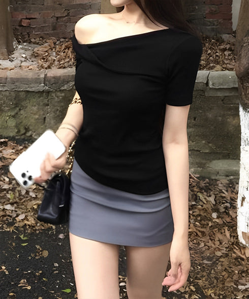 片方オフショルtシャツ レディース 半袖 ワンショルダートップスきれいめ 韓国風 ツイストTシャツ お洒落 シンプルカットソー無地 肩見せトップス フェミニン夏服 87MJQ-001