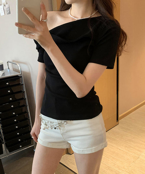 片方オフショルtシャツ レディース 半袖 ワンショルダートップスきれいめ 韓国風 ツイストTシャツ お洒落 シンプルカットソー無地 肩見せトップス フェミニン夏服 87MJQ-001