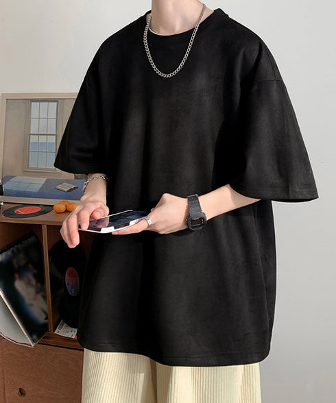 メンズtシャツ 半袖 スエード調Tシャツ メンズ夏tシャツ カットソートップス 無地 ロングtシャツ 韓国ファッション 大人カジュアル サマーtシャツ黒 おしゃれ 87MP-001