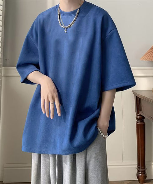 メンズtシャツ 半袖 スエード調Tシャツ メンズ夏tシャツ カットソートップス 無地 ロングtシャツ 韓国ファッション 大人カジュアル サマーtシャツ黒 おしゃれ 87MP-001