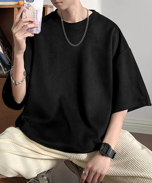 メンズtシャツ 半袖 スエード調Tシャツ メンズ夏tシャツ カットソートップス 無地 ロングtシャツ 韓国ファッション 大人カジュアル サマーtシャツ黒 おしゃれ 87MP-001