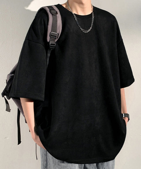 メンズtシャツ 半袖 スエード調Tシャツ メンズ夏tシャツ カットソートップス 無地 ロングtシャツ 韓国ファッション 大人カジュアル サマーtシャツ黒 おしゃれ 87MP-001