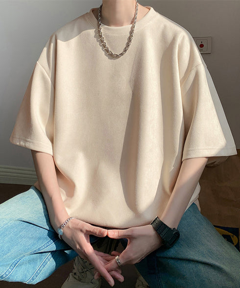 メンズtシャツ 半袖 スエード調Tシャツ メンズ夏tシャツ カットソートップス 無地 ロングtシャツ 韓国ファッション 大人カジュアル サマーtシャツ黒 おしゃれ 87MP-001