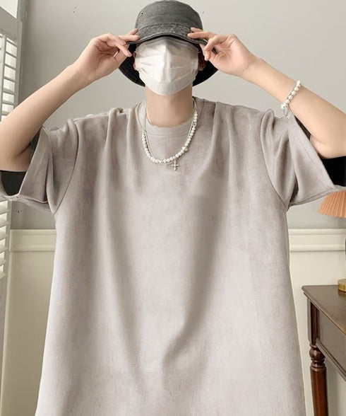 メンズtシャツ 半袖 スエード調Tシャツ メンズ夏tシャツ カットソートップス 無地 ロングtシャツ 韓国ファッション 大人カジュアル サマーtシャツ黒 おしゃれ 87MP-001