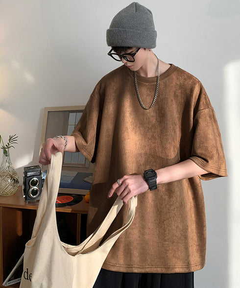 メンズtシャツ 半袖 スエード調Tシャツ メンズ夏tシャツ カットソートップス 無地 ロングtシャツ 韓国ファッション 大人カジュアル サマーtシャツ黒 おしゃれ 87MP-001