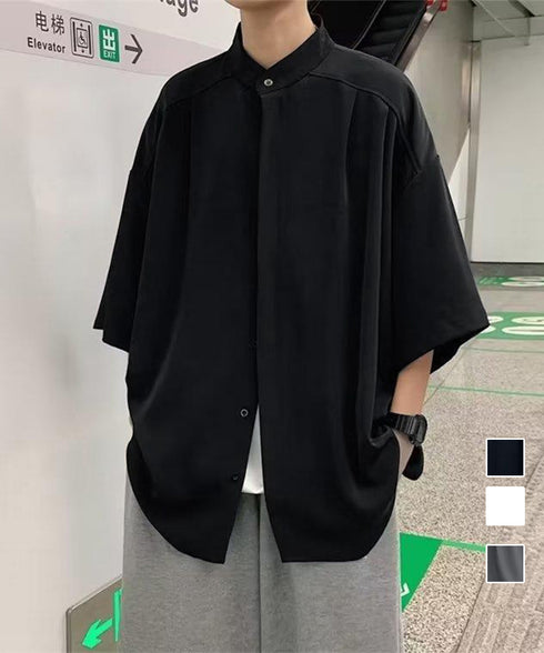 スタンドカラーシャツメンズ 半袖トップス 韓国風カジュアルシャツゆったり タック入りシャツ ドロップショルダーシャツ メンズ服お洒落 オーバーサイズトップス春夏秋 87MP-004