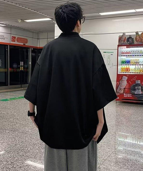 スタンドカラーシャツメンズ 半袖トップス 韓国風カジュアルシャツゆったり タック入りシャツ ドロップショルダーシャツ メンズ服お洒落 オーバーサイズトップス春夏秋 87MP-004