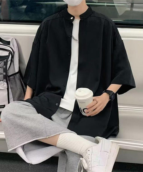 スタンドカラーシャツメンズ 半袖トップス 韓国風カジュアルシャツゆったり タック入りシャツ ドロップショルダーシャツ メンズ服お洒落 オーバーサイズトップス春夏秋 87MP-004