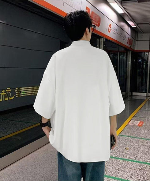 スタンドカラーシャツメンズ 半袖トップス 韓国風カジュアルシャツゆったり タック入りシャツ ドロップショルダーシャツ メンズ服お洒落 オーバーサイズトップス春夏秋 87MP-004