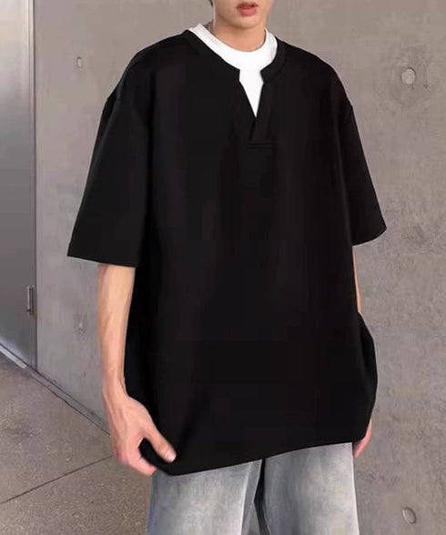 半袖Tシャツ メンズ 重ね着風カットソー スキッパーTシャツ クルーネック夏服 カジュアル 無地tシャツ 夏t レイヤード風プルオーバー おしゃれサマーtシャツ黒 87MP-005