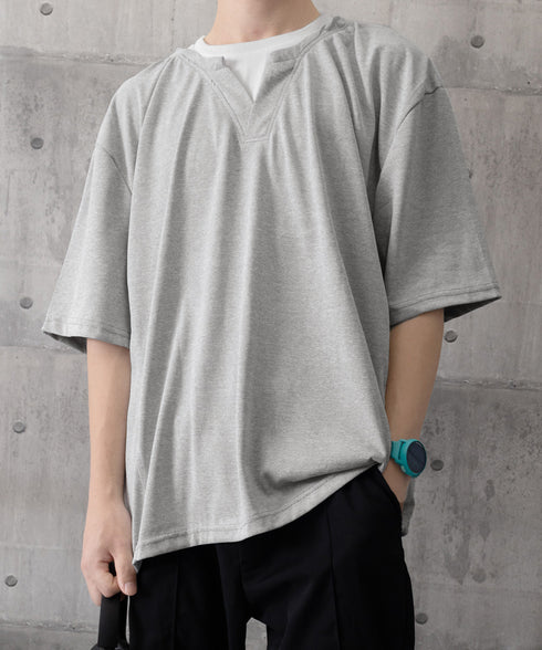 半袖Tシャツ メンズ 重ね着風カットソー スキッパーTシャツ クルーネック夏服 カジュアル 無地tシャツ 夏t レイヤード風プルオーバー おしゃれサマーtシャツ黒 87MP-005