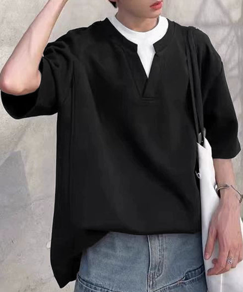 半袖Tシャツ メンズ 重ね着風カットソー スキッパーTシャツ クルーネック夏服 カジュアル 無地tシャツ 夏t レイヤード風プルオーバー おしゃれサマーtシャツ黒 87MP-005