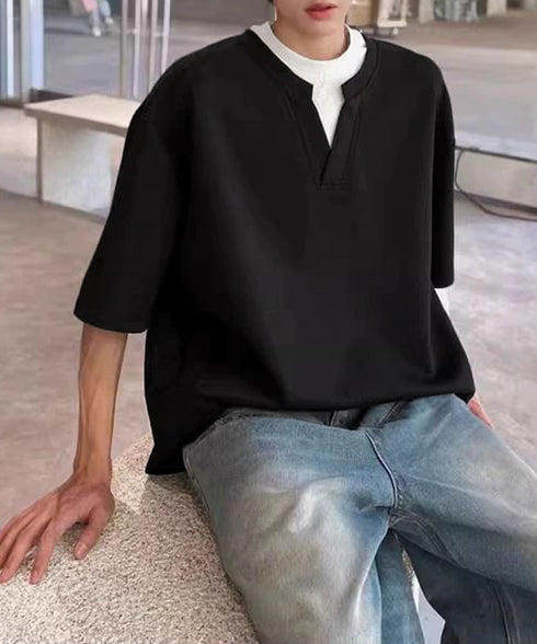 半袖Tシャツ メンズ 重ね着風カットソー スキッパーTシャツ クルーネック夏服 カジュアル 無地tシャツ 夏t レイヤード風プルオーバー おしゃれサマーtシャツ黒 87MP-005