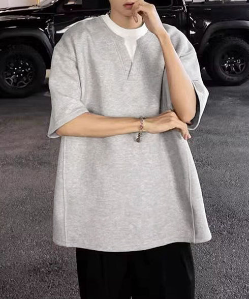 半袖Tシャツ メンズ 重ね着風カットソー スキッパーTシャツ クルーネック夏服 カジュアル 無地tシャツ 夏t レイヤード風プルオーバー おしゃれサマーtシャツ黒 87MP-005