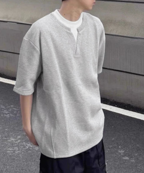 半袖Tシャツ メンズ 重ね着風カットソー スキッパーTシャツ クルーネック夏服 カジュアル 無地tシャツ 夏t レイヤード風プルオーバー おしゃれサマーtシャツ黒 87MP-005