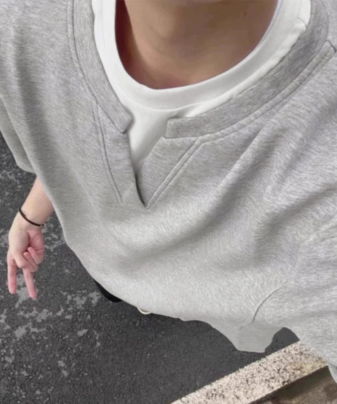 半袖Tシャツ メンズ 重ね着風カットソー スキッパーTシャツ クルーネック夏服 カジュアル 無地tシャツ 夏t レイヤード風プルオーバー おしゃれサマーtシャツ黒 87MP-005