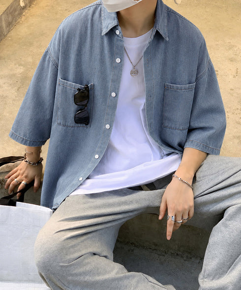 半袖デニムシャツメンズ オーバーサイズ服 かっこいいゆったりシャツおしゃれトップス ビッグシルエット羽織りルーズデニム ヴィンテージ風 メンズ服韓国風 カジュアル 87MP-010
