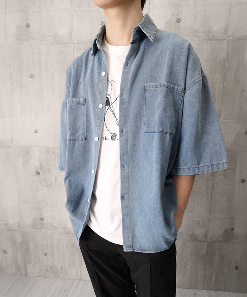 半袖デニムシャツメンズ オーバーサイズ服 かっこいいゆったりシャツおしゃれトップス ビッグシルエット羽織りルーズデニム ヴィンテージ風 メンズ服韓国風 カジュアル 87MP-010