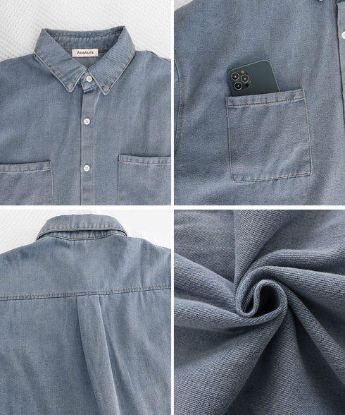 半袖デニムシャツメンズ オーバーサイズ服 かっこいいゆったりシャツおしゃれトップス ビッグシルエット羽織りルーズデニム ヴィンテージ風 メンズ服韓国風 カジュアル 87MP-010