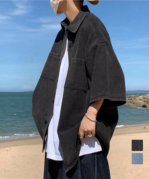 半袖デニムシャツメンズ オーバーサイズ服 かっこいいゆったりシャツおしゃれトップス ビッグシルエット羽織りルーズデニム ヴィンテージ風 メンズ服韓国風 カジュアル 87MP-010