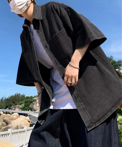 半袖デニムシャツメンズ オーバーサイズ服 かっこいいゆったりシャツおしゃれトップス ビッグシルエット羽織りルーズデニム ヴィンテージ風 メンズ服韓国風 カジュアル 87MP-010