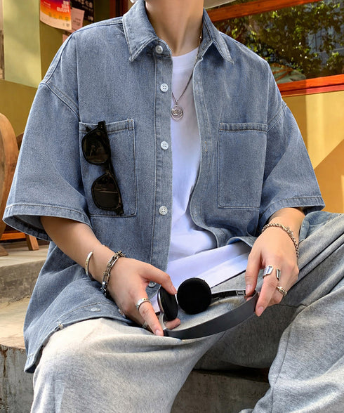 半袖デニムシャツメンズ オーバーサイズ服 かっこいいゆったりシャツおしゃれトップス ビッグシルエット羽織りルーズデニム ヴィンテージ風 メンズ服韓国風 カジュアル 87MP-010
