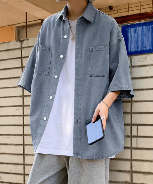 半袖デニムシャツメンズ オーバーサイズ服 かっこいいゆったりシャツおしゃれトップス ビッグシルエット羽織りルーズデニム ヴィンテージ風 メンズ服韓国風 カジュアル 87MP-010