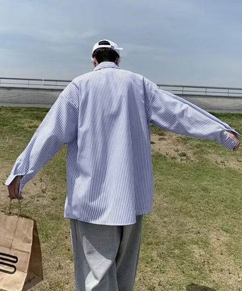 ストライプ柄長袖シャツメンズトップス春秋 ゆったり カジュアルシャツ胸ポケット付き 着回し男性服 縦縞襟付きシャツストリートおしゃれ羽織り 重ね着ライトアウター 87MP-011