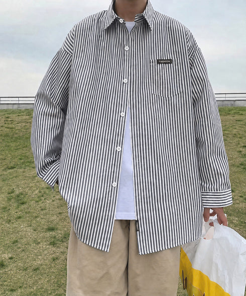 ストライプ柄長袖シャツメンズトップス春秋 ゆったり カジュアルシャツ胸ポケット付き 着回し男性服 縦縞襟付きシャツストリートおしゃれ羽織り 重ね着ライトアウター 87MP-011