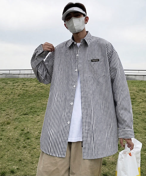 ストライプ柄長袖シャツメンズトップス春秋 ゆったり カジュアルシャツ胸ポケット付き 着回し男性服 縦縞襟付きシャツストリートおしゃれ羽織り 重ね着ライトアウター 87MP-011