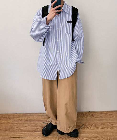 ストライプ柄長袖シャツメンズトップス春秋 ゆったり カジュアルシャツ胸ポケット付き 着回し男性服 縦縞襟付きシャツストリートおしゃれ羽織り 重ね着ライトアウター 87MP-011