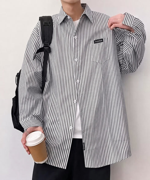 ストライプ柄長袖シャツメンズトップス春秋 ゆったり カジュアルシャツ胸ポケット付き 着回し男性服 縦縞襟付きシャツストリートおしゃれ羽織り 重ね着ライトアウター 87MP-011