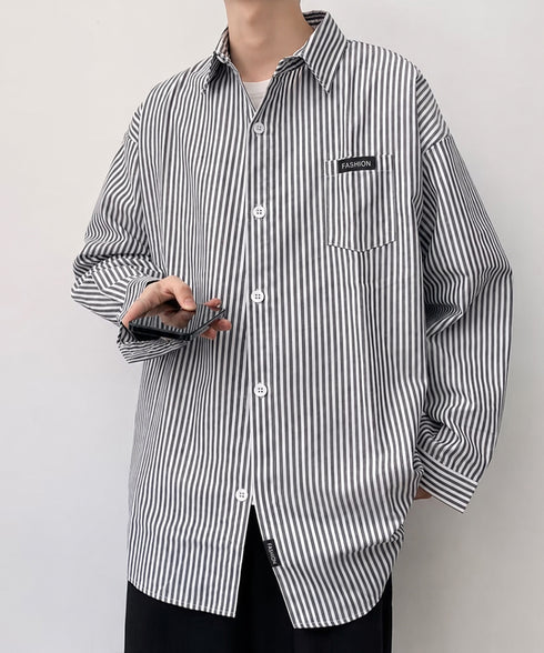 ストライプ柄長袖シャツメンズトップス春秋 ゆったり カジュアルシャツ胸ポケット付き 着回し男性服 縦縞襟付きシャツストリートおしゃれ羽織り 重ね着ライトアウター 87MP-011