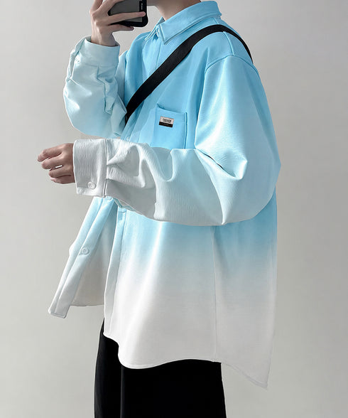 グラデーション長袖シャツメンズオーバー服 配色ステッチ オーバーサイズシャツ ビッグシルエット 男前シャツ 韓国風ライトアウター 春秋羽織りかっこいいストリート服 87MP-012