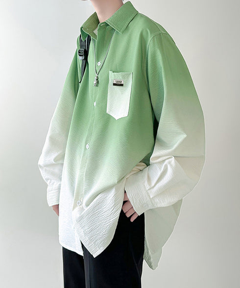 グラデーション長袖シャツメンズオーバー服 配色ステッチ オーバーサイズシャツ ビッグシルエット 男前シャツ 韓国風ライトアウター 春秋羽織りかっこいいストリート服 87MP-012