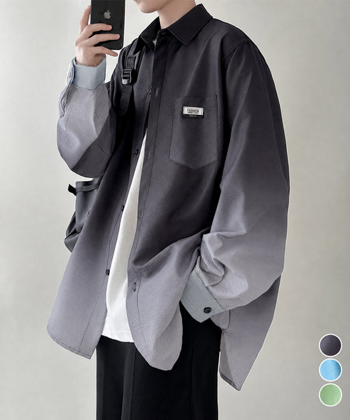 グラデーション長袖シャツメンズオーバー服 配色ステッチ オーバーサイズシャツ ビッグシルエット 男前シャツ 韓国風ライトアウター 春秋羽織りかっこいいストリート服 87MP-012