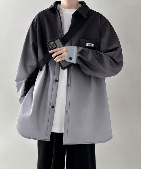 グラデーション長袖シャツメンズオーバー服 配色ステッチ オーバーサイズシャツ ビッグシルエット 男前シャツ 韓国風ライトアウター 春秋羽織りかっこいいストリート服 87MP-012