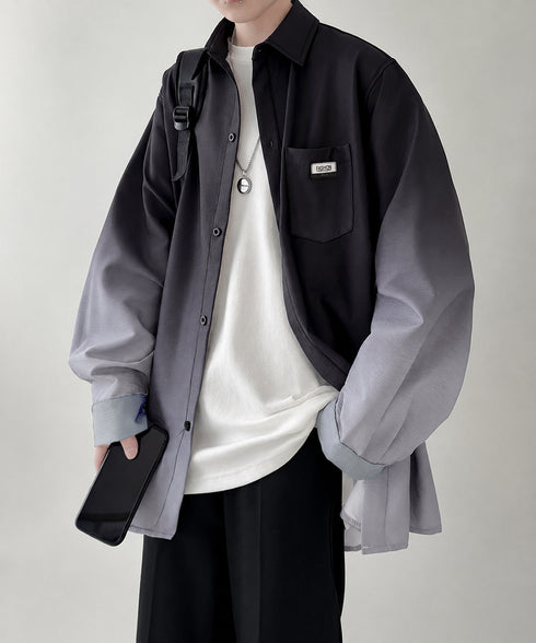 グラデーション長袖シャツメンズオーバー服 配色ステッチ オーバーサイズシャツ ビッグシルエット 男前シャツ 韓国風ライトアウター 春秋羽織りかっこいいストリート服 87MP-012