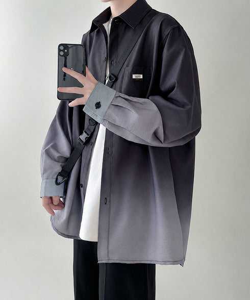 グラデーション長袖シャツメンズオーバー服 配色ステッチ オーバーサイズシャツ ビッグシルエット 男前シャツ 韓国風ライトアウター 春秋羽織りかっこいいストリート服 87MP-012
