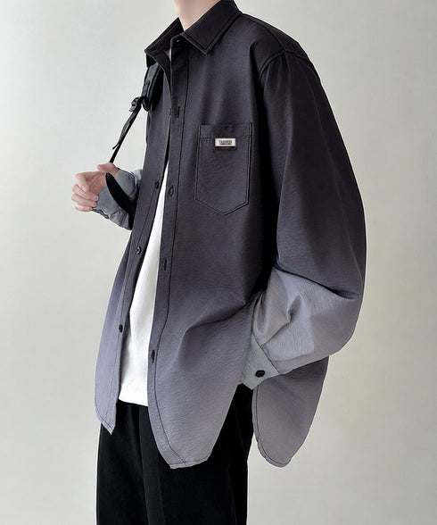 グラデーション長袖シャツメンズオーバー服 配色ステッチ オーバーサイズシャツ ビッグシルエット 男前シャツ 韓国風ライトアウター 春秋羽織りかっこいいストリート服 87MP-012